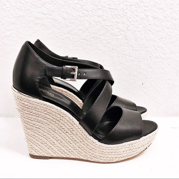 NEW Michael Kors Leather Wedge Sandals Espadrilles Black, Size 9.5 Retail $139 - Picture 13 of 13